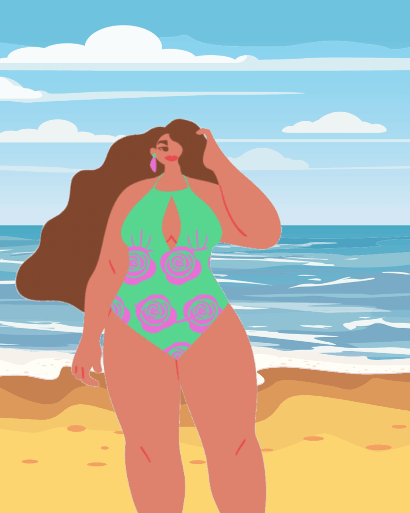 Kvinde på strand i badedragt glad for wegovy slankemedicin